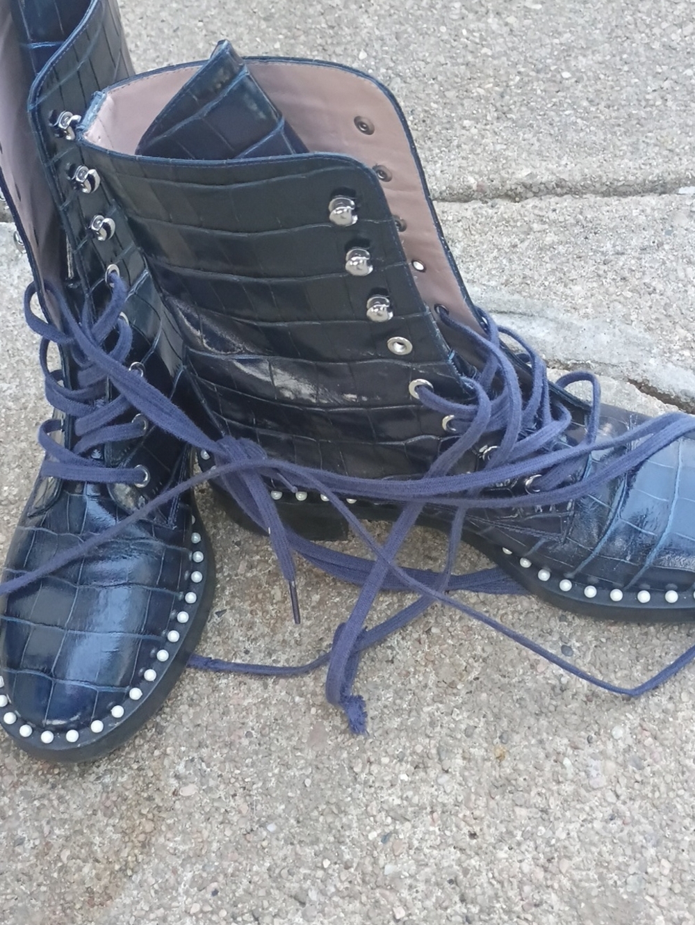 Stuart Weitzman Navy Croc-Embossed Lace-Up Combat Boots with Stud Trim